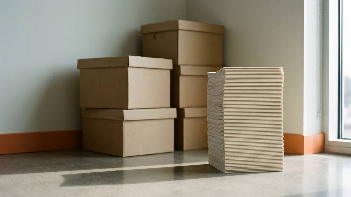 Stacked archive boxes beside a tall edge-on stack of paper representing an unprocessed month-end document backlog