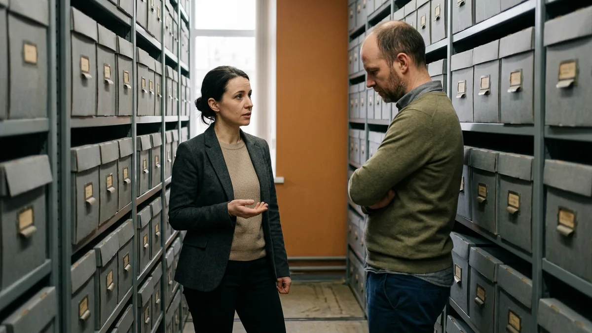 Operations lead and data owner talking beside archive shelving while settling what a document field means