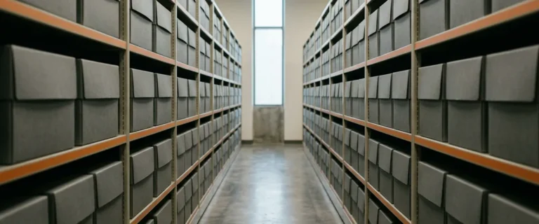 Aisle of closed archive storage boxes in a corporate records room, the document backlog behind a document-to-decision pipeline