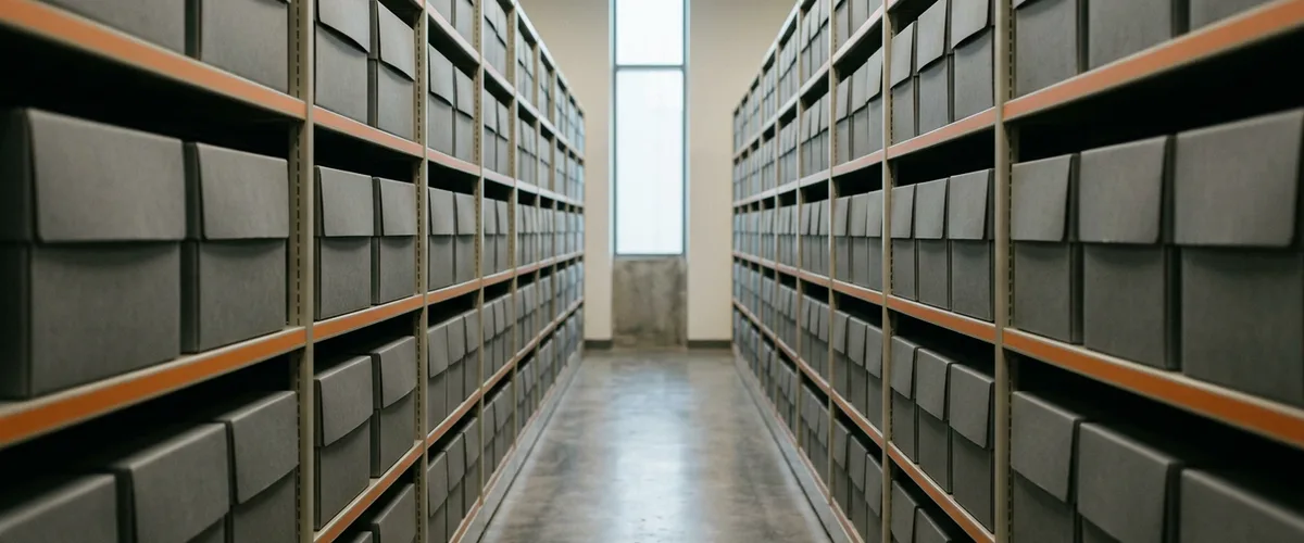 Aisle of closed archive storage boxes in a corporate records room, the document backlog behind a document-to-decision pipeline