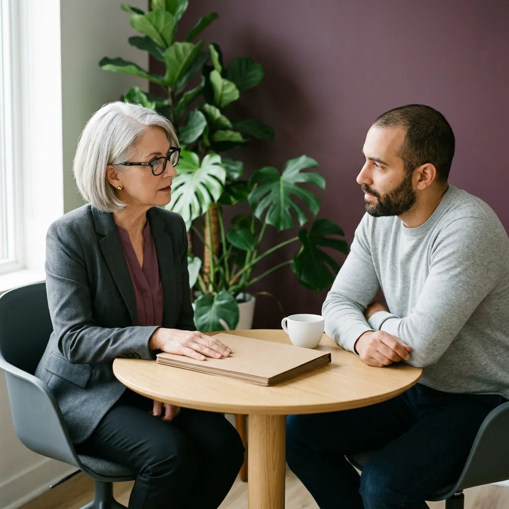 Senior medical underwriter with a hand on a closed file folder talking with a data scientist at a small round table