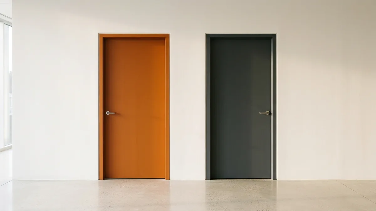 Two identical office doors, one orange and one charcoal, standing for the management track and the technical track of an engineering career ladder