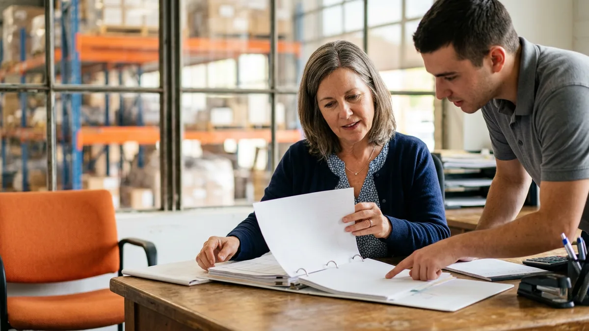Finance controller and colleague reviewing a binder of ERP configuration documentation in a warehouse office
