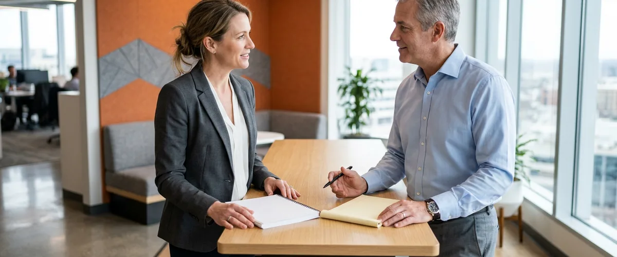 Hiring manager and recruiter reviewing a printed Dynamics 365 consultant job description at a standing table