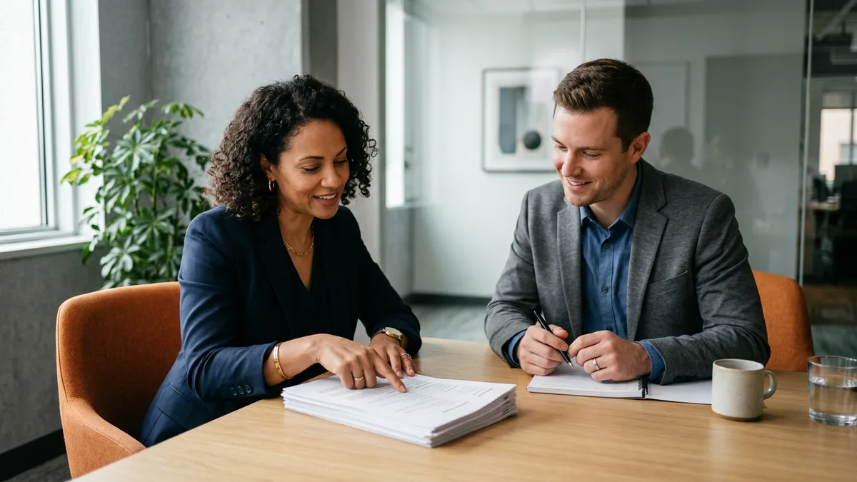 Recruiter and hiring manager reading through a stack of Dynamics 365 consultant job description pages at a conference table