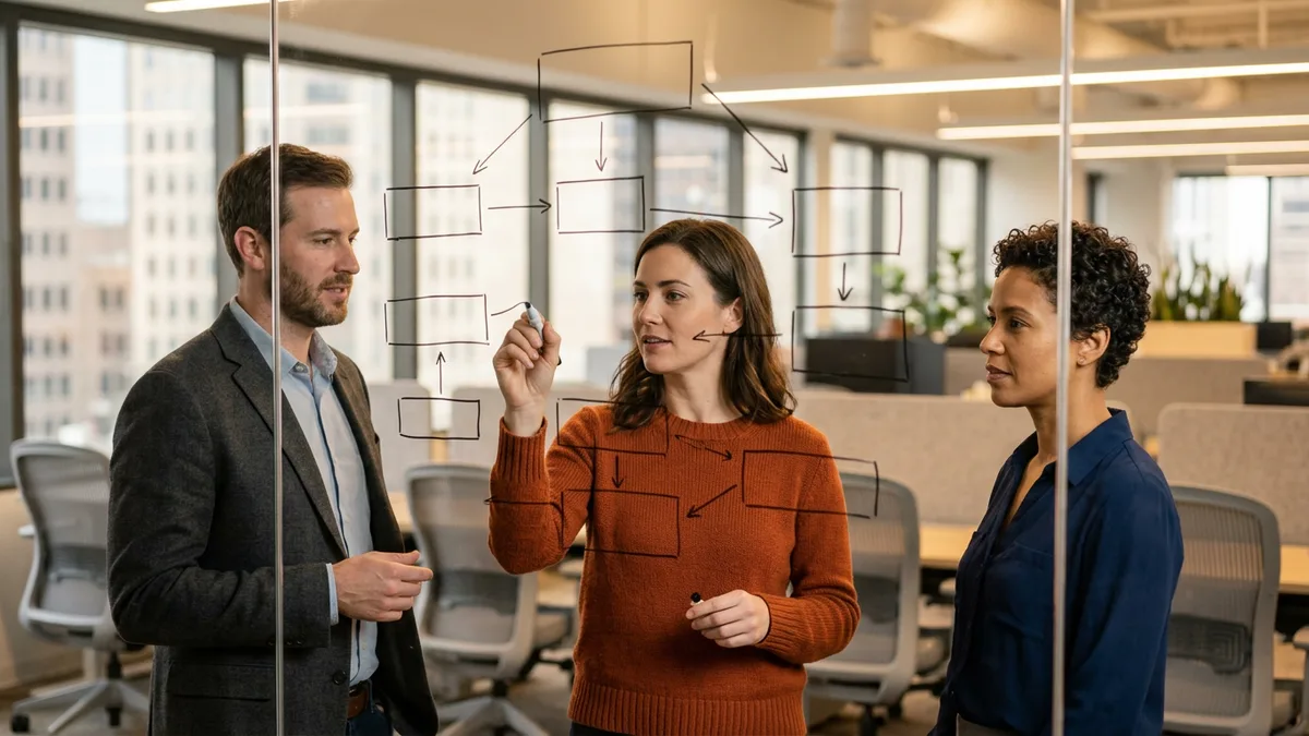 Three colleagues diagramming Dynamics 365 release wave ownership on a glass whiteboard in an open-plan office