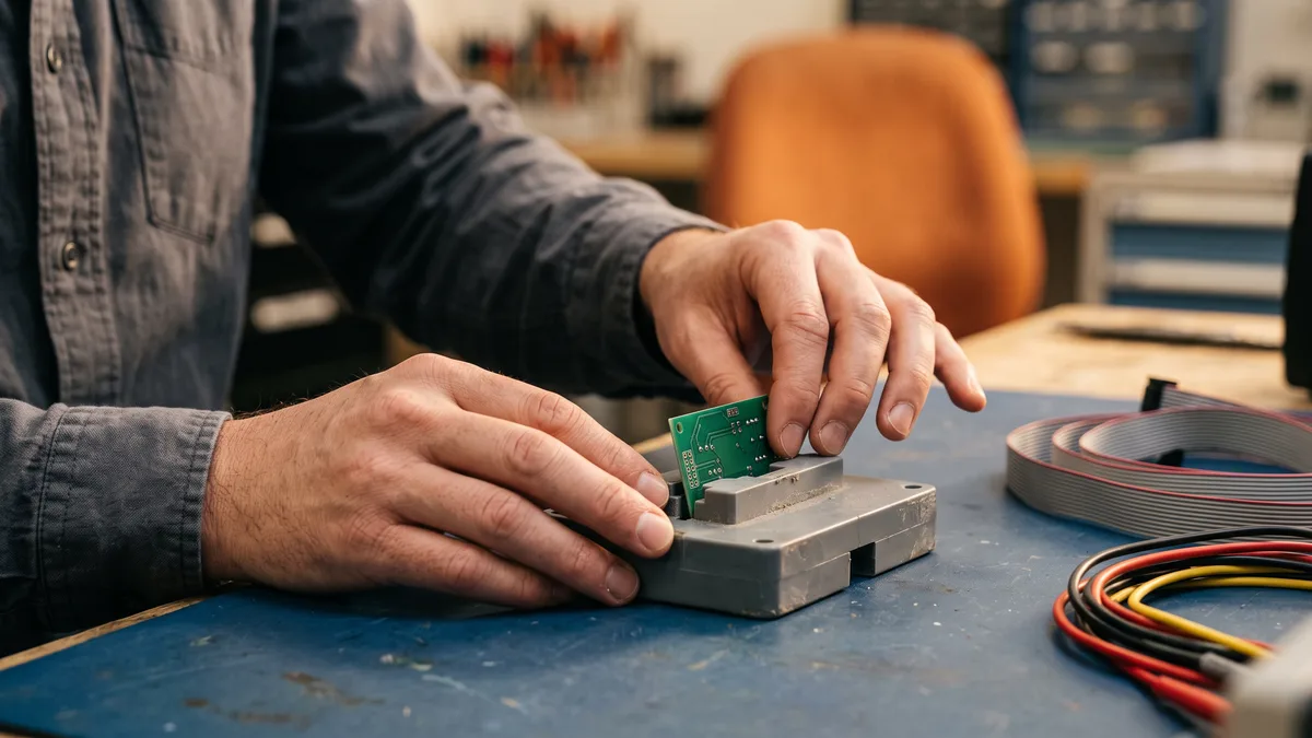 Close-up of an engineer seating a small circuit board into a gray test fixture on an anti-static workbench