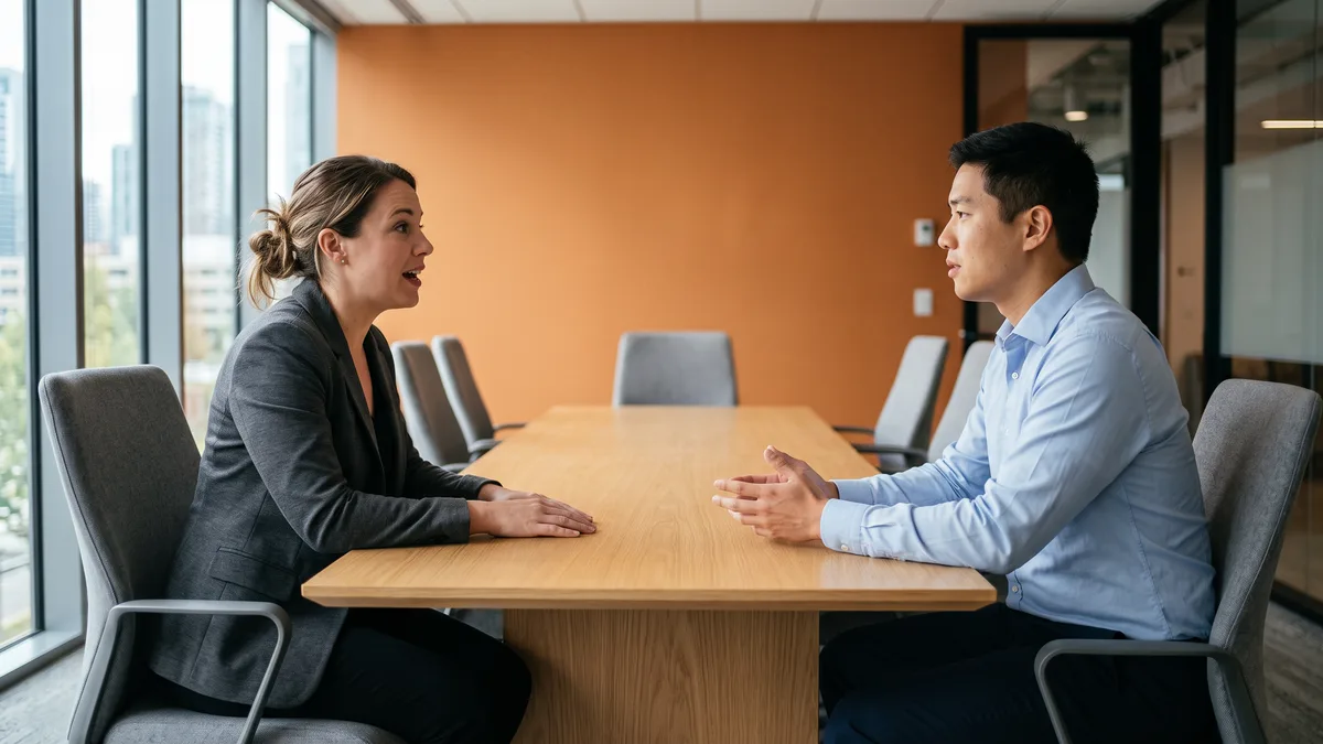 Hiring manager and recruiter discussing an embedded software engineer salary band across a conference room table