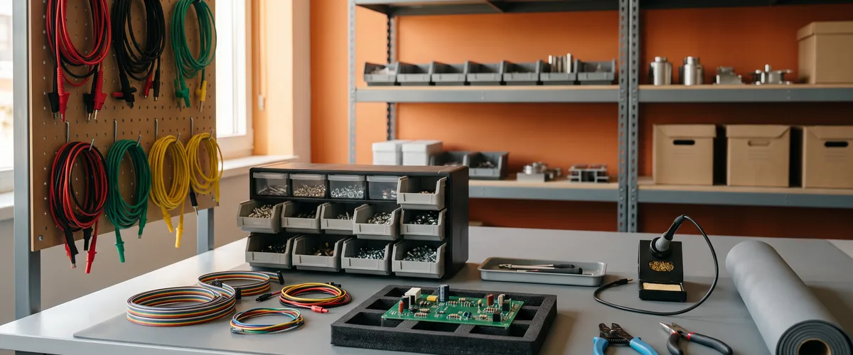 Electronics engineering lab bench with ribbon cables, component bins and a bare circuit board in a foam tray