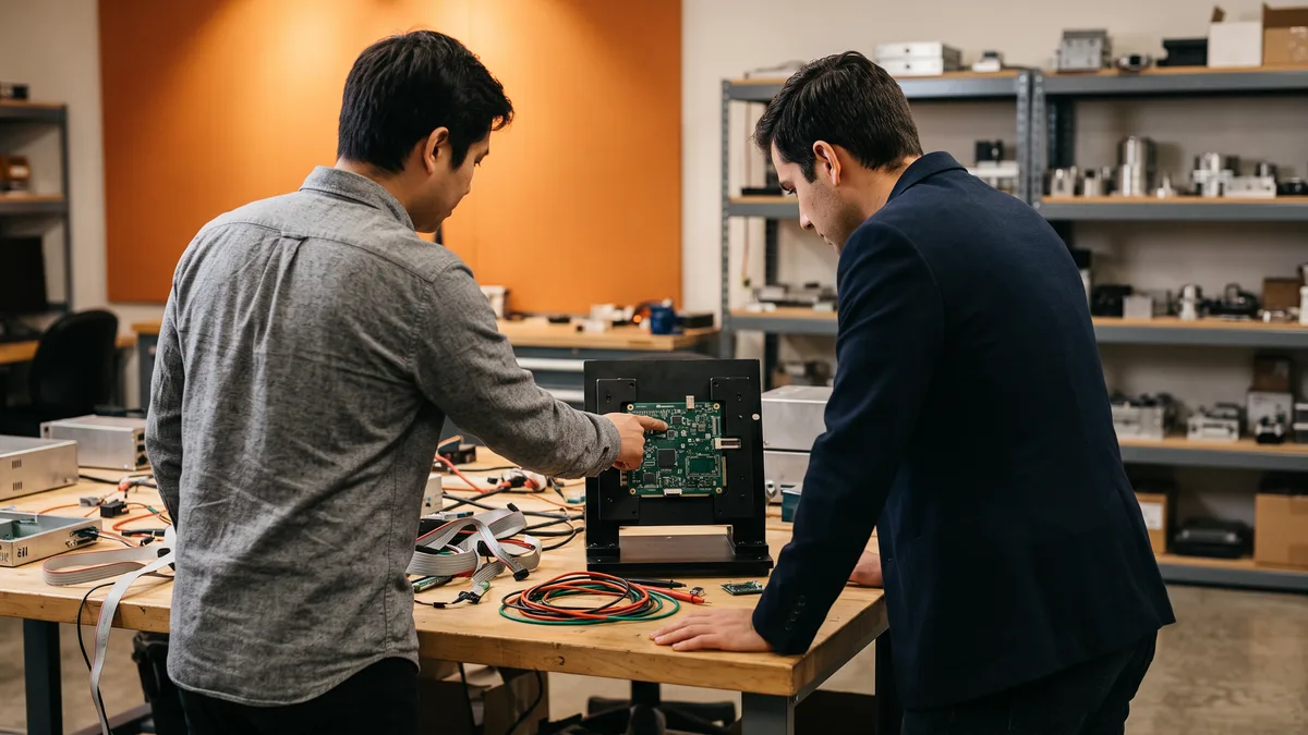 Two engineers reviewing a circuit board mounted in a test fixture at a hardware development workbench