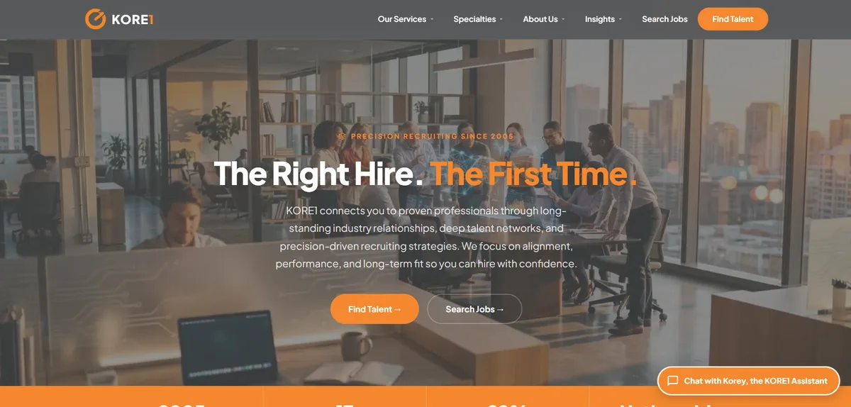 KORE1 embedded systems recruiting firm homepage, Irvine California