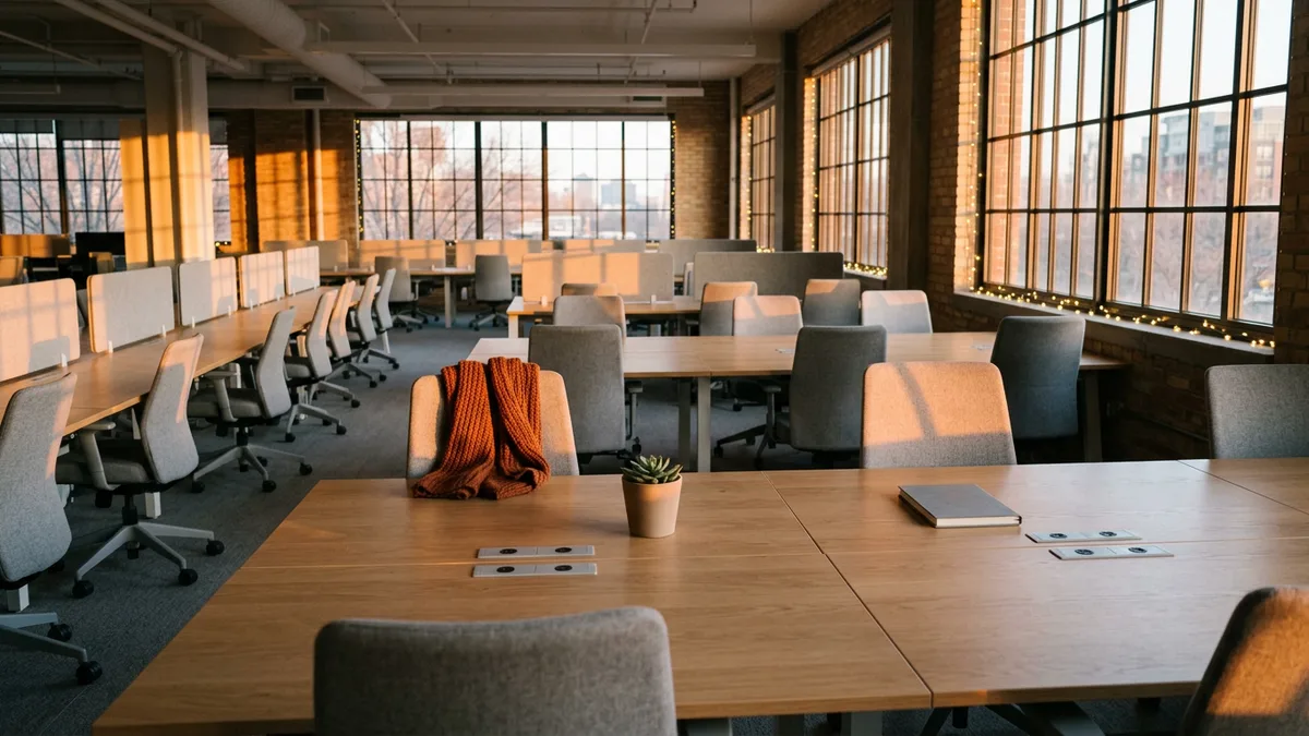 Empty oak desks and grey chairs in a software office at sunset in December, an orange scarf draped over one chair