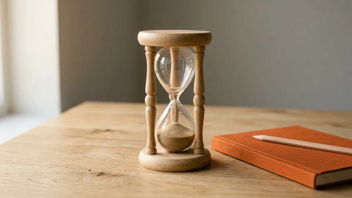 Wooden hourglass with most of its sand run out next to a closed orange notebook and a pencil on an oak desk