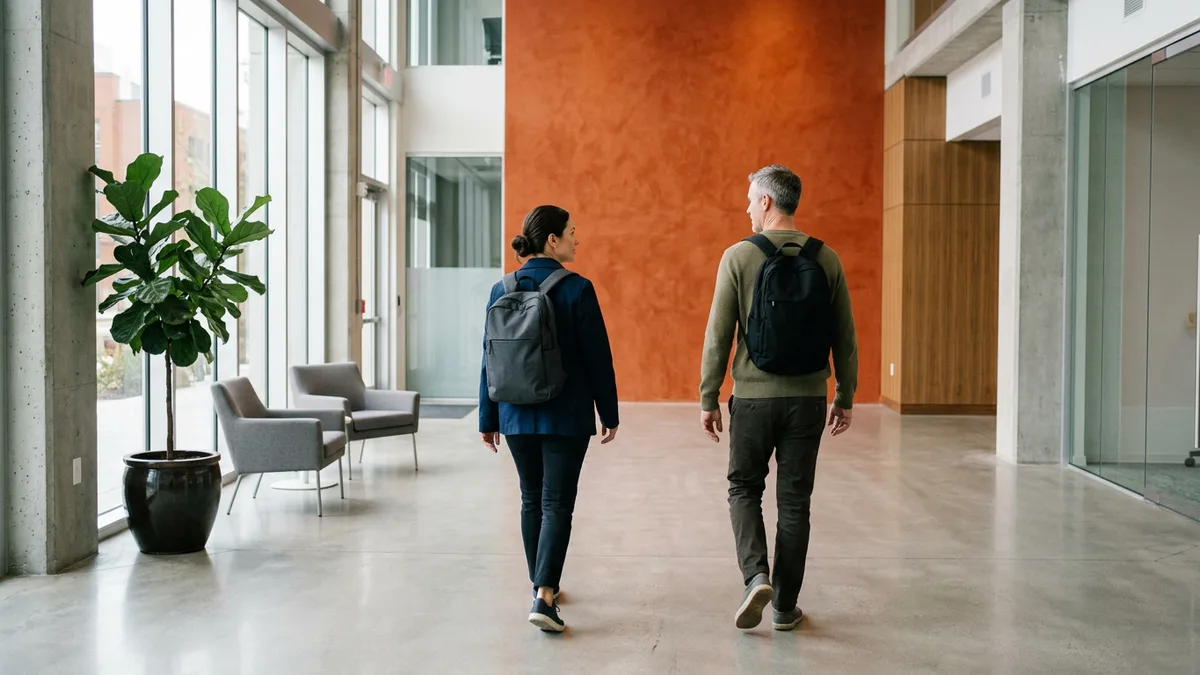 Two new engineers with backpacks walking across a bright office lobby toward an orange accent wall on their first day