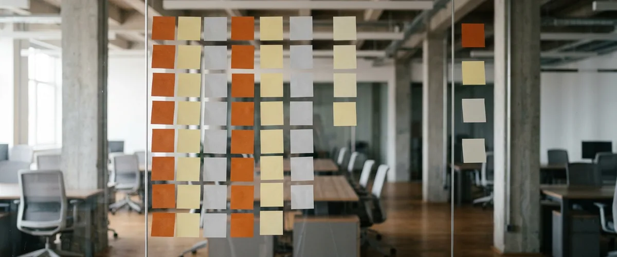 Columns of blank orange, yellow, and grey sticky notes on a glass meeting room wall in an open-plan software office