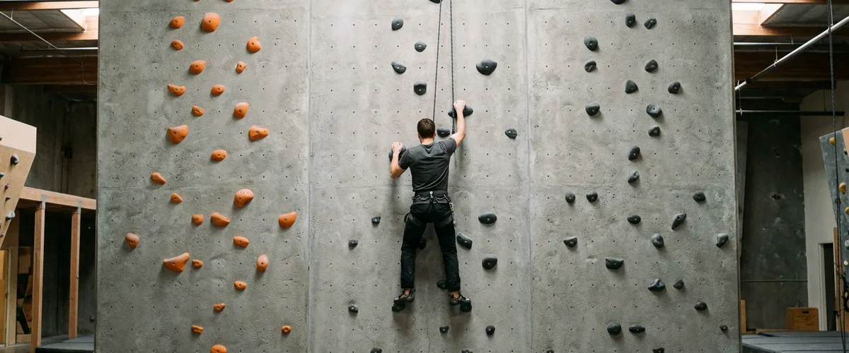 Climber on the gray route of an indoor climbing wall beside an empty orange route, a metaphor for a dual engineering career ladder