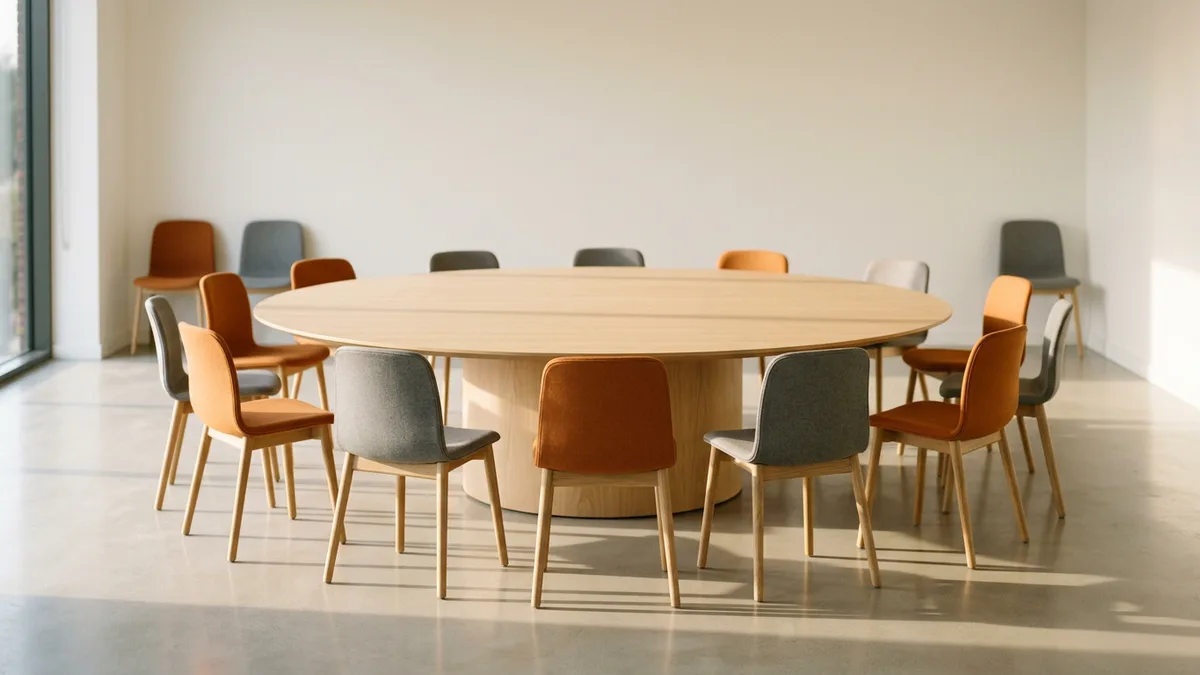 Empty meeting room with more than a dozen chairs pulled out around a large round table after a crowded engineering meeting