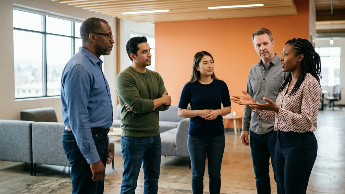 Five software engineers standing in a circle reviewing an incident timeline together in an open office