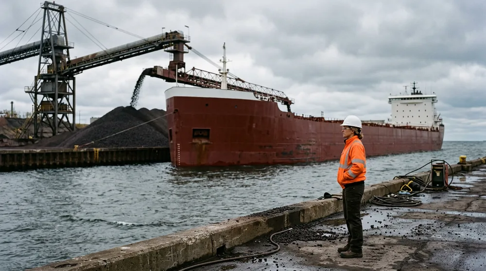 Mechanical engineer in an orange high-visibility jacket watching a Great Lakes bulk freighter unload iron ore pellets at an ore dock on an overcast day