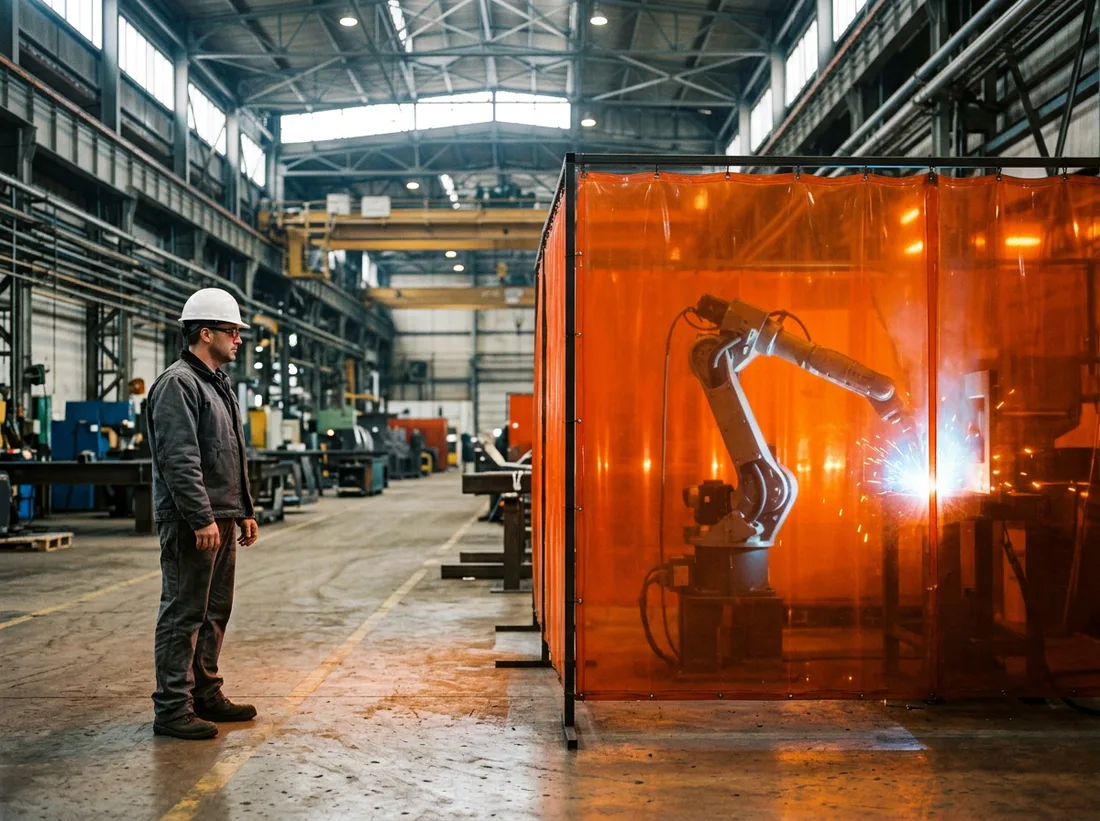 Manufacturing engineer in a white hard hat watching a robotic arc welding cell through a translucent orange welding curtain in a Cleveland, Ohio area fabrication plant