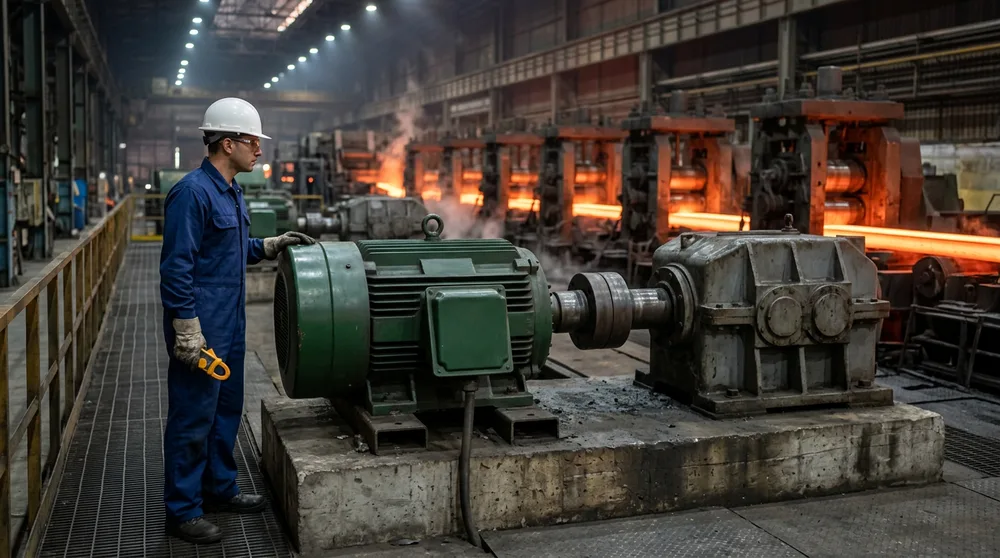 Electrical engineer in a navy flame-resistant coverall holding a clamp meter beside a large green drive motor and gearbox in a steel hot rolling mill