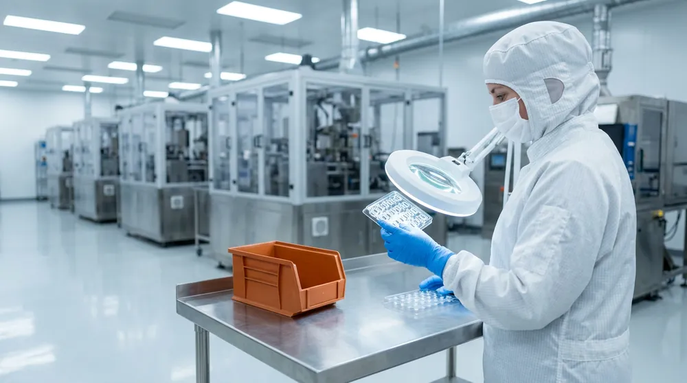 Quality engineer in a cleanroom gown inspecting a tray of small molded medical device parts at a Northeast Florida manufacturing plant