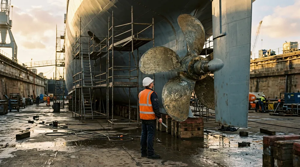 Marine engineer in an orange vest looking up at the bronze propeller of a grey Navy ship hull in a Jacksonville ship repair dry dock