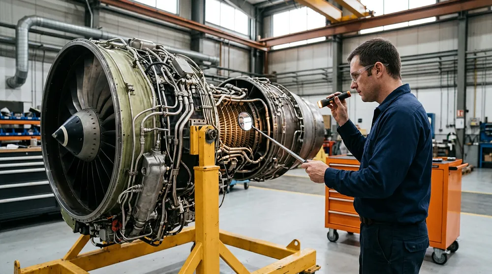 Mechanical engineer inspecting the compressor section of a turbofan engine with an inspection mirror in a Jacksonville engine overhaul shop