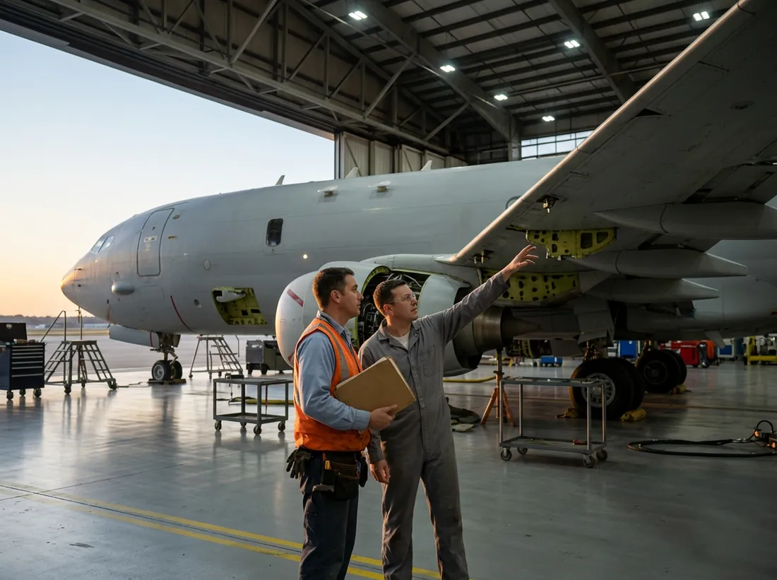 Two engineers beneath the wing of a grey Navy patrol jet on maintenance jacks in a Jacksonville aircraft depot hangar at dawn