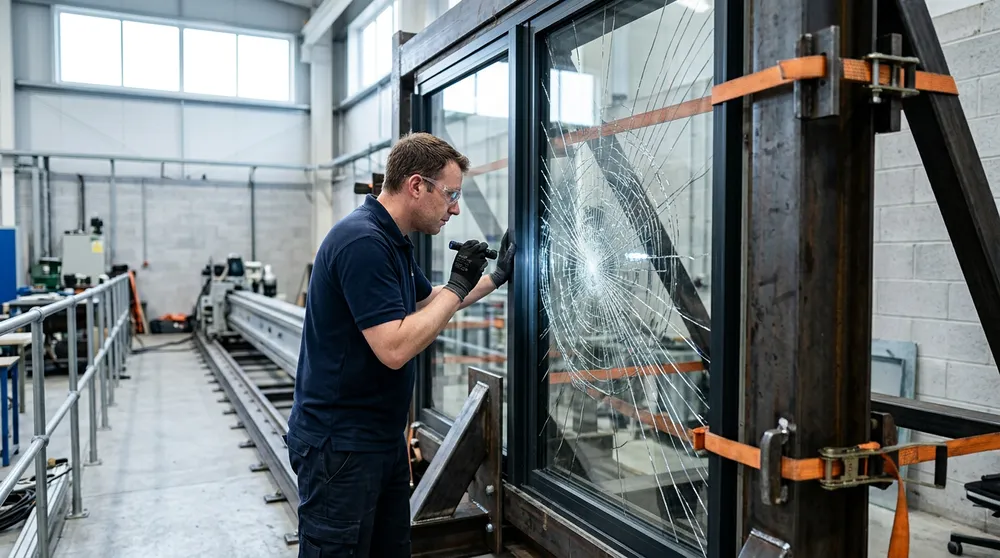 Test engineer inspecting a cracked impact-rated window unit clamped in a steel test frame at a South Florida product testing lab