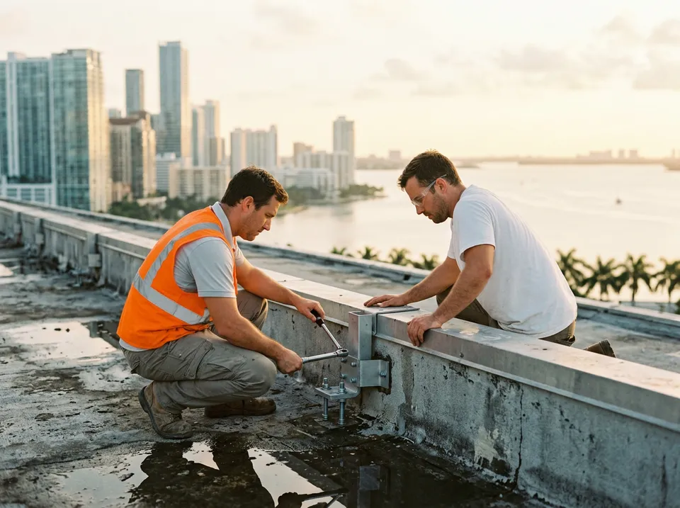 Two building envelope engineers examining a curtain wall anchor bracket on a Miami high-rise roof at dawn
