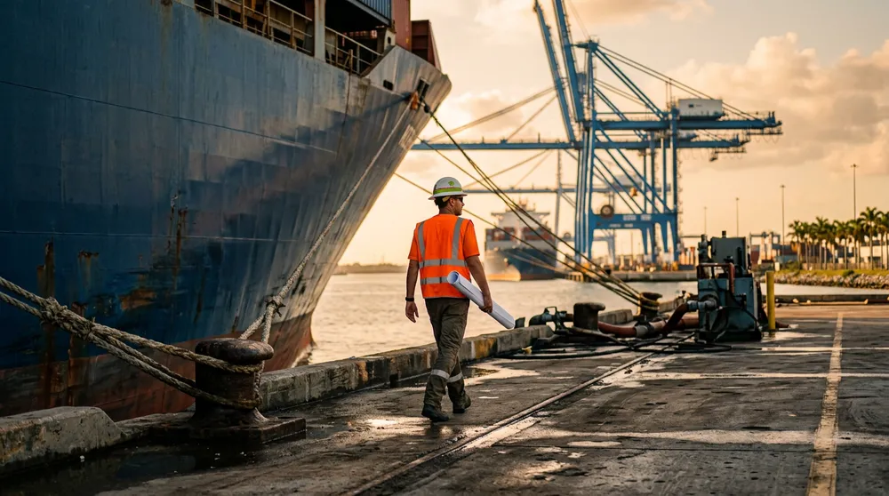 Marine systems engineer in an orange vest walking a PortMiami quay beside a moored ship hull with container cranes behind