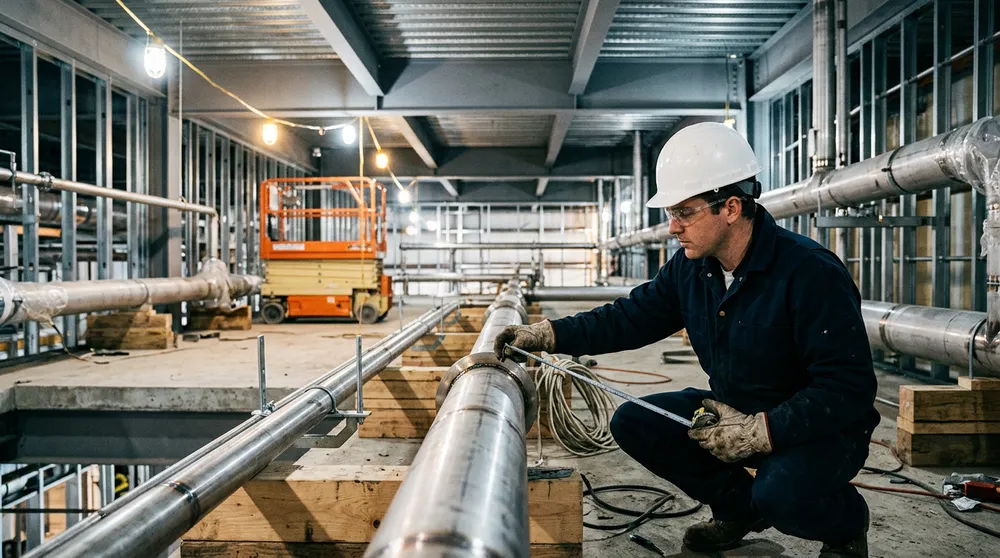 Mechanical engineer crouching beside a stainless steel process pipe spool on the mezzanine of a manufacturing plant under construction near Richmond, Virginia