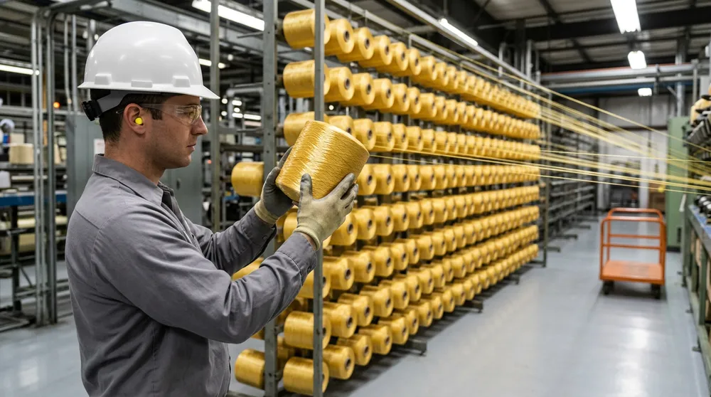 Process engineer inspecting a package of golden aramid yarn beside a long creel rack in a synthetic fiber plant