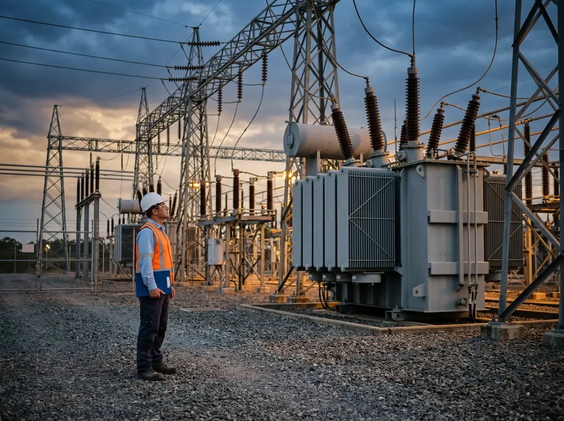 Electrical engineer in an orange vest looking up at the bushings of a large power transformer in a Richmond, Virginia area substation at dusk