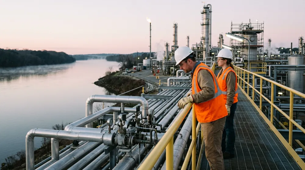 Two process engineers in orange vests on a pipe rack walkway at a riverside chemical plant at dawn