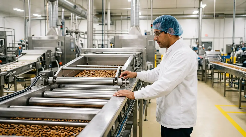 Quality engineer inspecting an automated almond processing line at a Central Valley food manufacturing plant