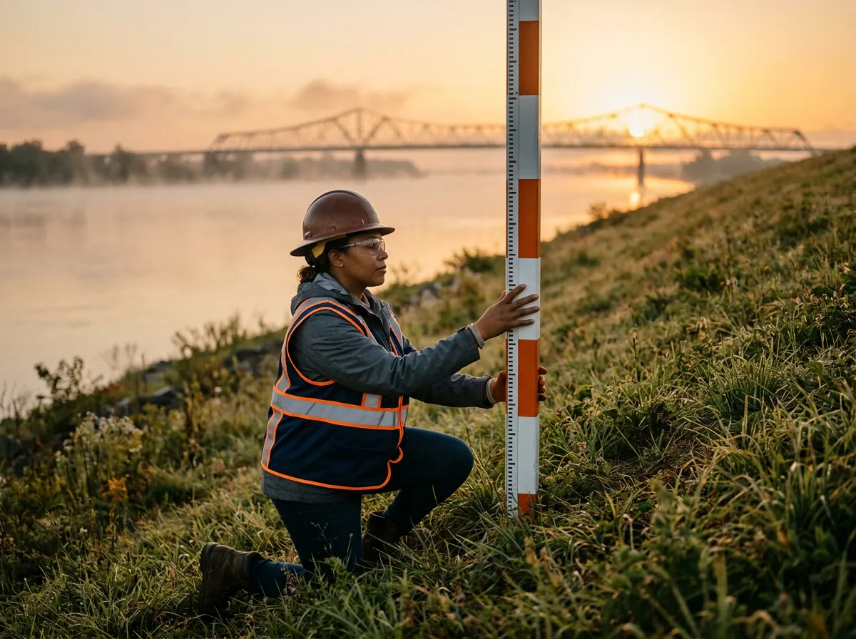 Civil engineer inspecting a flood-stage gauge on a Sacramento River levee at sunrise, Tower Bridge visible in the distance