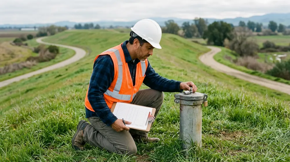 Geotechnical engineer examining a seepage monitoring well on an American River levee embankment with a tablet in hand