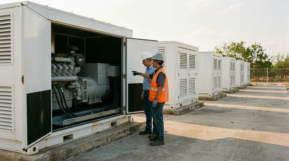 Electrical engineer and electrical technician in hard hats at the open door of a backup diesel generator enclosure in a San Antonio area data center generator yard