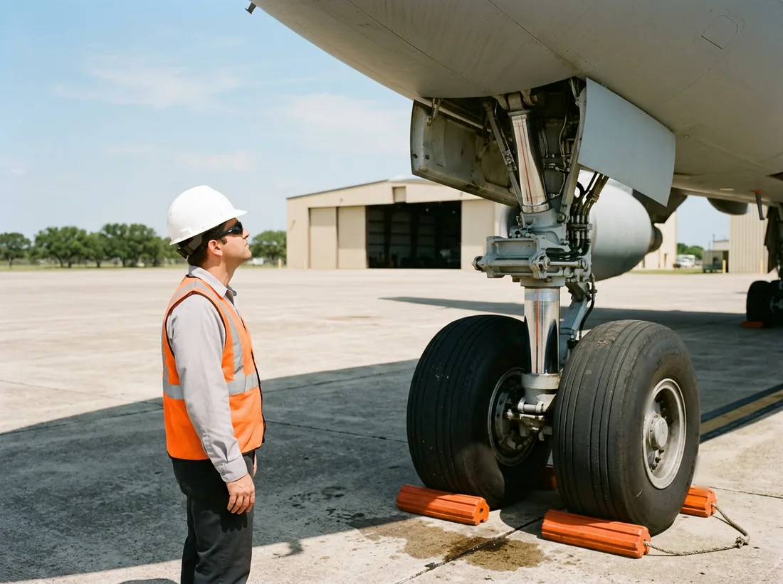 Mechanical engineer in a white hard hat and orange vest looking up at the main landing gear of a large grey jet with orange wheel chocks on a San Antonio aircraft maintenance apron