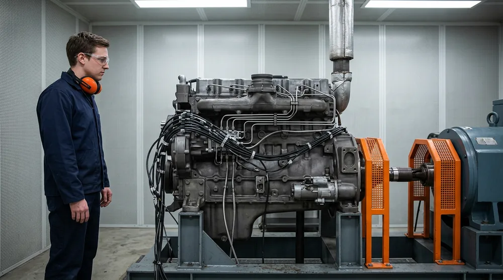 Research engineer with orange hearing protection studying the sensor harness on a heavy-duty diesel engine coupled to a dynamometer in an engine test cell