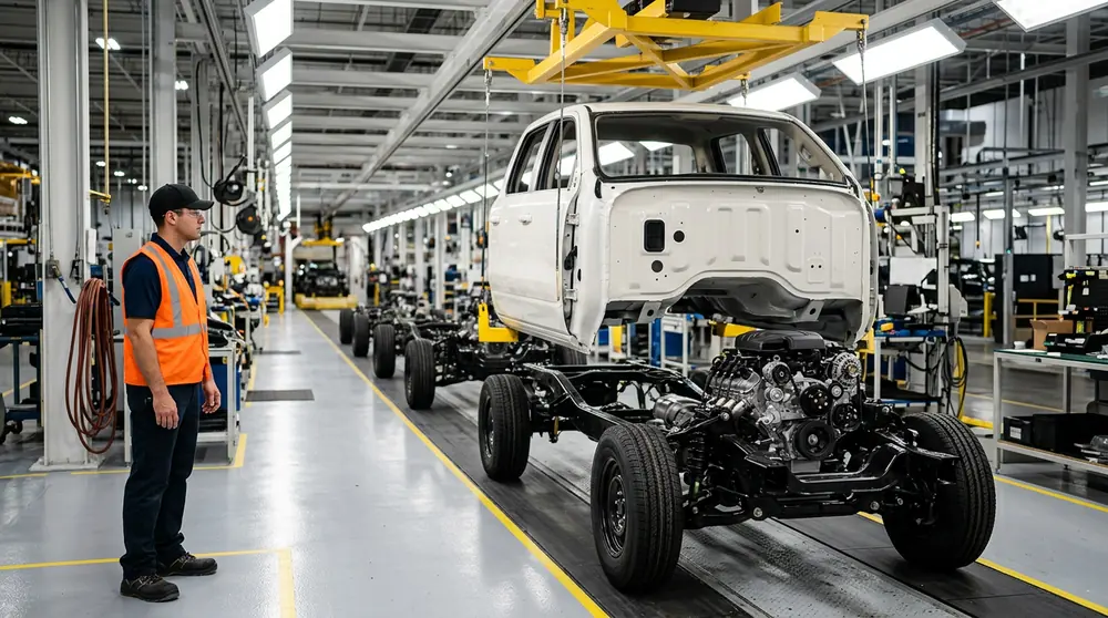 Manufacturing engineer in an orange vest watching a white pickup truck cab being lowered onto its frame at the marriage station of a South Texas truck assembly line