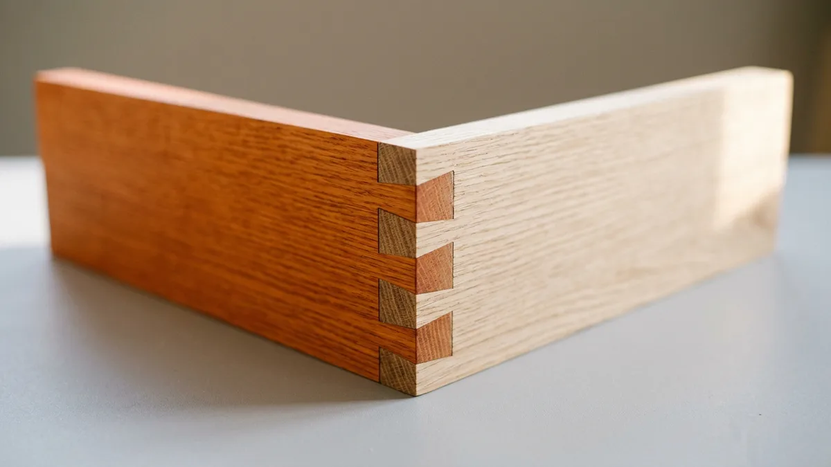 Orange and natural oak boards joined by a tight dovetail joint, a metaphor for a clean interface between engineering teams