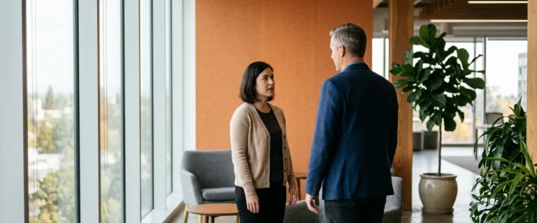 Two engineering leaders standing in an office discussing how to structure an engineering team org chart