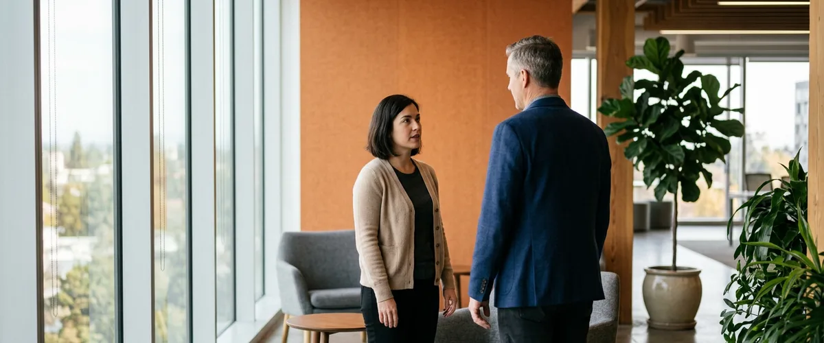 Two engineering leaders standing in an office discussing how to structure an engineering team org chart