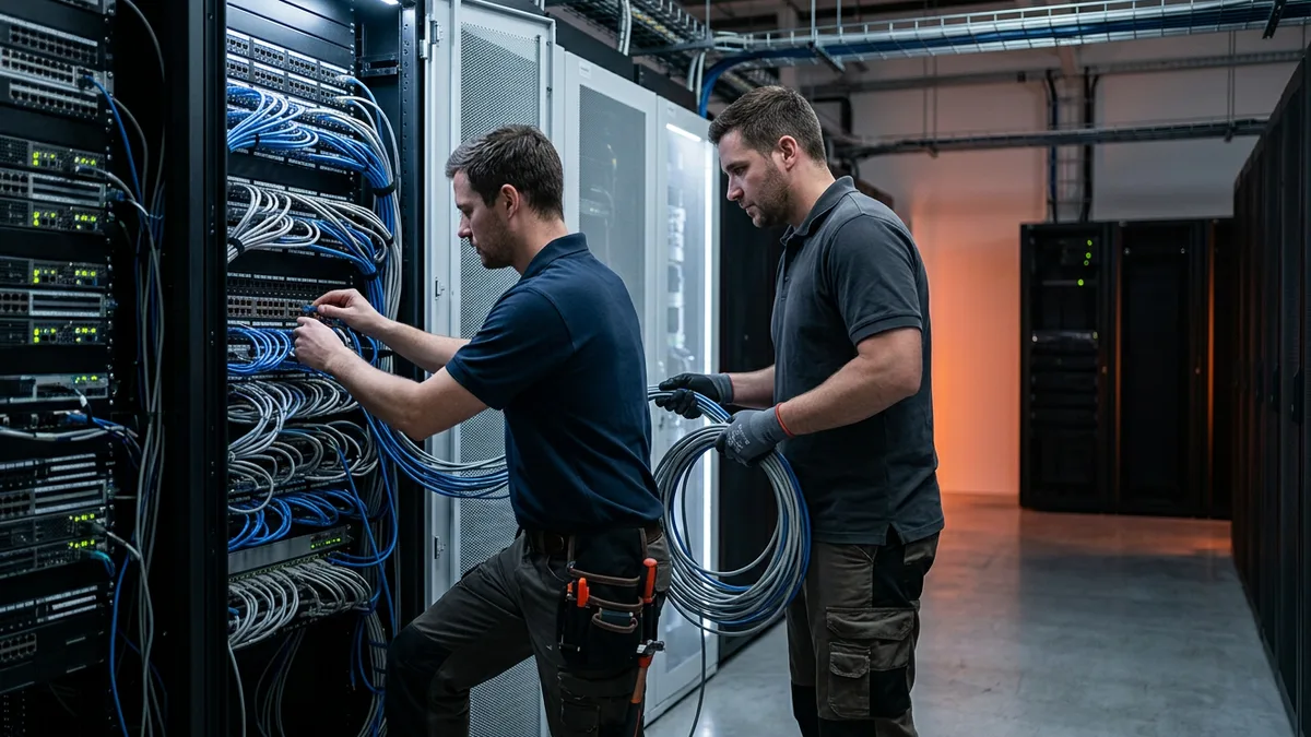 Platform engineer and site reliability engineer working on server rack cabling in a data room