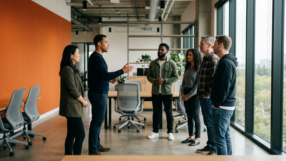 Engineering manager leading a standup with a team of six engineers, a healthy span of control on an engineering org chart