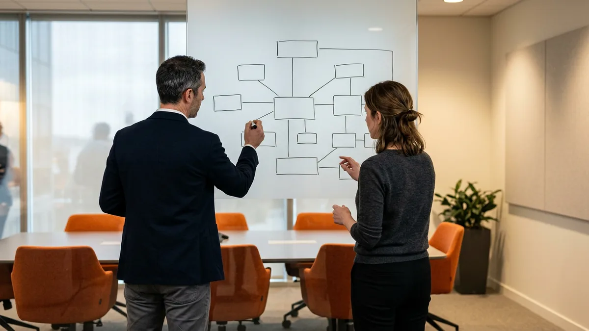 Engineering leaders sketching org chart boxes and reporting lines on a conference room whiteboard