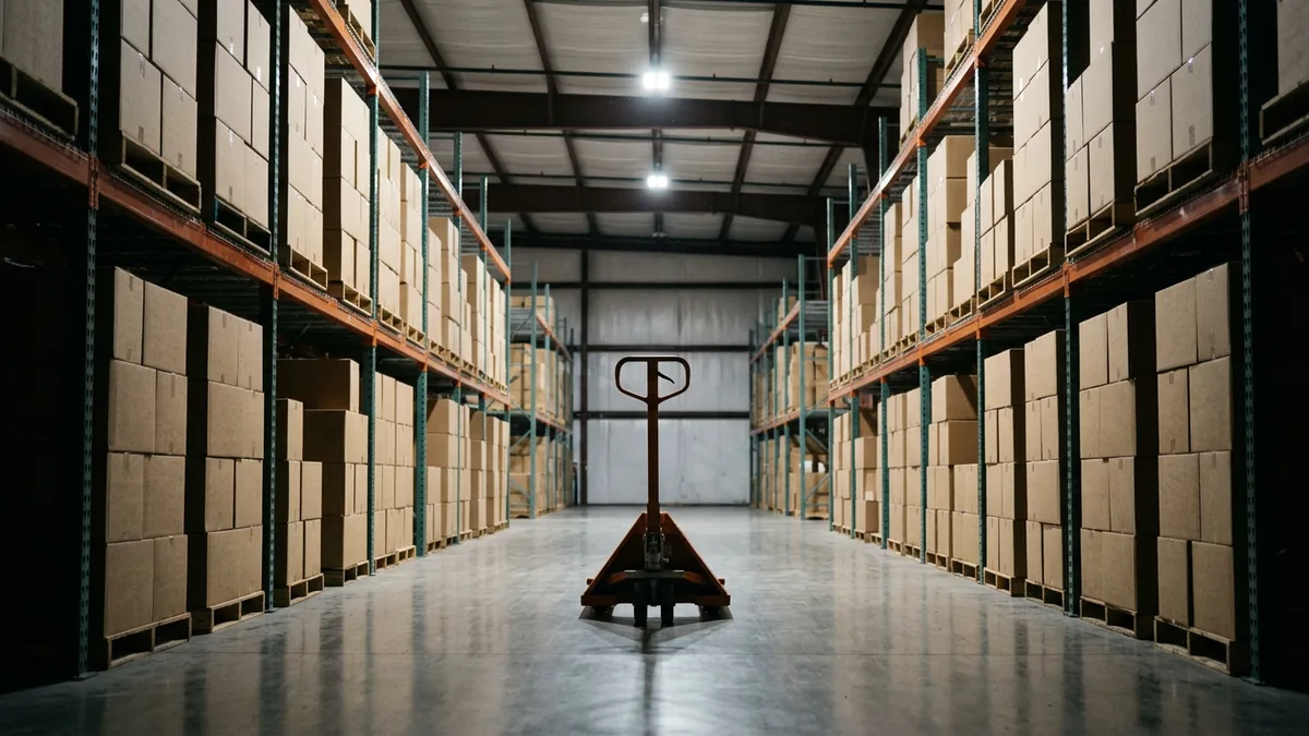 Orange manual pallet jack parked in a lit warehouse aisle at night between racks of cardboard cartons